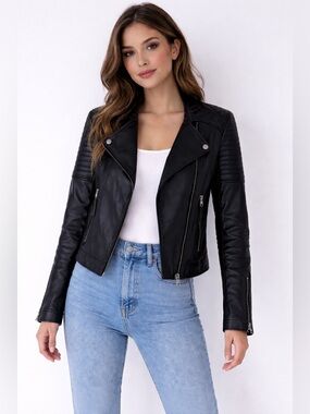 Topshop Quilted Black Faux Leather Moto Jacket